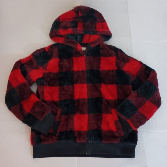 Abercrombie Kids Furry Full Zip Hoodie Red Black Buffalo Plaid Girls 13/14 EUC - Picture 5 of 16